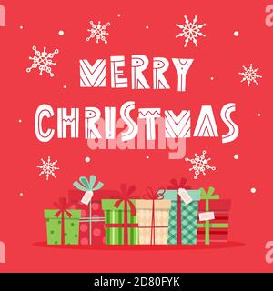Allegra cartolina di natale con lettere e regali. Illustrazione vettoriale in stile piatto Illustrazione Vettoriale