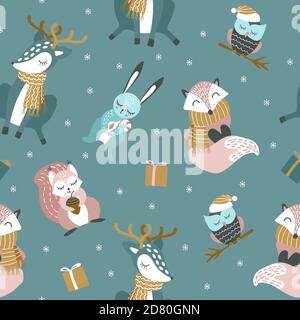 Modello senza cuciture con simpatici animali boschivi cartoni animati nella stagione invernale. Illustrazione vettoriale. Illustrazione Vettoriale