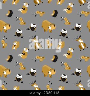 Modello senza cuciture con carini animali cartoni animati su sfondo argento. Illustrazione vettoriale. Illustrazione Vettoriale