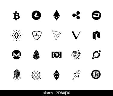 20 il set più popolare di logo criptovalenti - bitcoin, litecoin, etereo, ripple e altro. Set di icone nere. Illustrazione Vettoriale