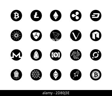 20 il set più popolare di logo criptovalenti - bitcoin, litecoin, etereo, ripple e altro. Set di icone nere. Illustrazione Vettoriale