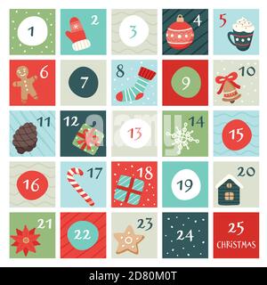 Calendario dell'avvento con elementi natalizi. Illustrazione vettoriale in stile piatto Illustrazione Vettoriale