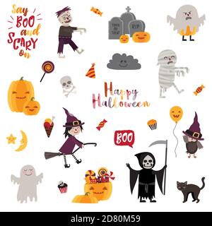 Insieme di elementi di progettazione halloween: Oggetti, segni, elementi, simboli e cartoni animati. Illustrazione vettoriale. Illustrazione Vettoriale