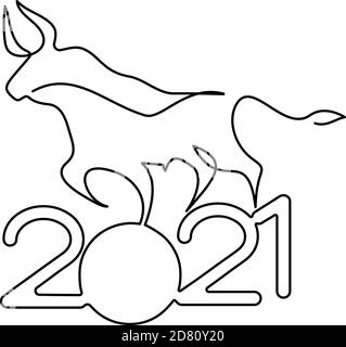 Bull disegno continuo di una linea. Cinese nuovo anno 2021 anno del toro. Disegno vettoriale con contorno nero. Illustrazione Vettoriale