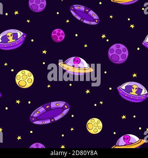 Modello senza giunture UFO. Alieni viola su piattini volanti gialli asteroidi rosa che scorrono. Illustrazione Vettoriale