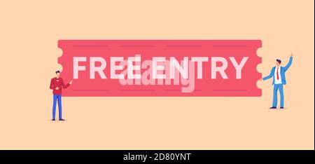 Banner di ingresso gratuito. Accesso rosso a prezzi accessibili, partecipazione gratuita all'evento festivo con ingresso. Illustrazione Vettoriale