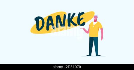 Danke è grazie poster. Messaggio di gratitudine tedesca in giallo e verde per l'assistenza al lavoro. Illustrazione Vettoriale