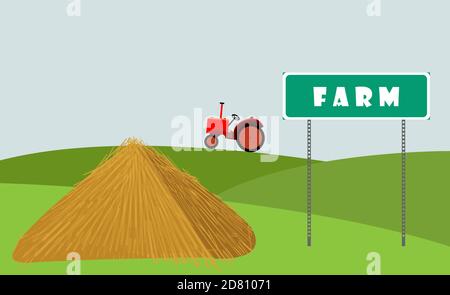 Scena rurale. Il trattore sta guidando attraverso il campo. Fieno si trova vicino al segno. Illustrazione Vettoriale