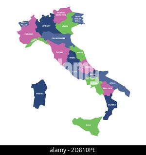 Mappa colorata dell'Italia divisa in 20 regioni amministrative. Etichette bianche. Semplice illustrazione vettoriale piatta. Illustrazione Vettoriale