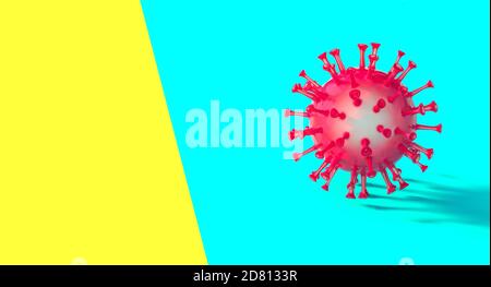 virus covid-19 rosso su fondo blu e giallo in stile piatto. rendering 3d. Foto Stock