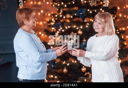 Primo piano vista della scatola di natale che tiene da due vecchi donne in camera decorata a natale Foto Stock