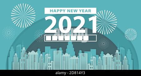 barra di carico con transizione dal 2020 al 2021 anno nuovo. Silhouette di New york su sfondo nero. Tessera Happy New Year con barra di avanzamento. Vettore il Illustrazione Vettoriale