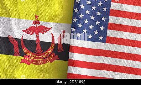 Stati Uniti e Brunei due bandiere tessuto tessuto rendering 3D Foto Stock