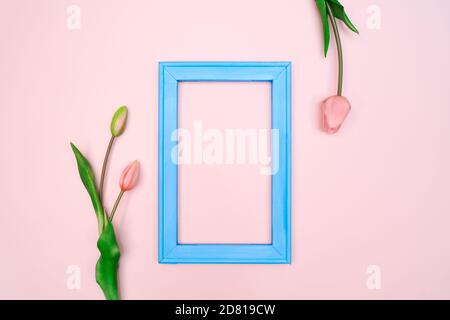 Composizione di fiori. tulip fiori blu con photo frame su sfondo rosa. Appartamento laico, vista dall'alto, spazio di copia Foto Stock