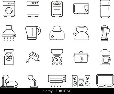 Elettrodomestici o elettrodomestici icone nero e bianco sottile Set di linee grande Illustrazione Vettoriale