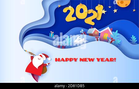 Banner orizzontale Felice anno nuovo 2021. Babbo Natale con pennello su sfondo blu e forme multistrato con alberi e villaggio. Stile di taglio 3D su carta. Illustrazione vettoriale. Illustrazione Vettoriale