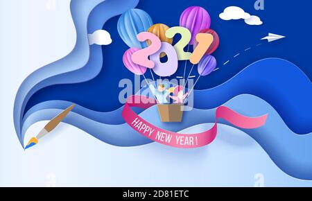 2021 New Year design card con i bambini nel cestino di aerostati che volano su sfondo blu cielo con pennello. Illustrazione grafica su carta vettoriale. Taglio di carta e stile artigianale. Illustrazione Vettoriale