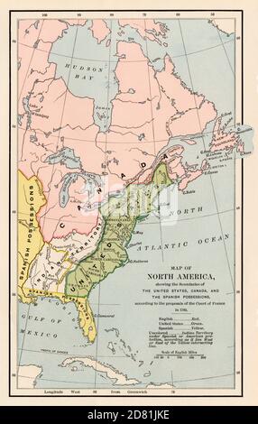 Proposta francese dei confini territoriali nordamericani nel 1782. Mezzitoni a colori Foto Stock