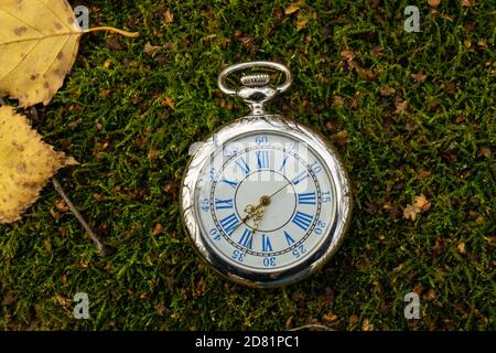 Orologio da tasca d'epoca sull'ultima erba verde circondata da foglie d'autunno gialle, primo piano Foto Stock