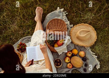 La ragazza si siede su una plaid all'aperto e legge un libro. Disposizione piatta. Foto Stock