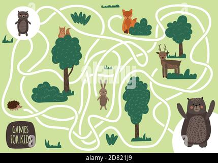 Illustrazione vettoriale in stile cartoon dei giochi per bambini. Labirinto gioco educativo visivo per i bambini. Set di animali della foresta. Illustrazione Vettoriale