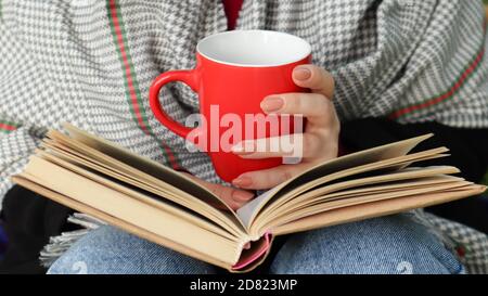 Una ragazza vestita con un cappotto e una sciarpa nella foresta autunnale contiene un libro e una tazza con una bevanda calda nelle sue mani da vicino in un parco cittadino in una giornata calda. Foto Stock