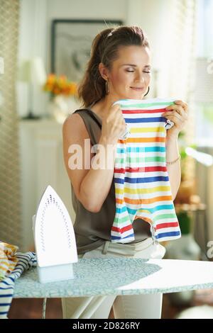 donna alla moda sorridente in blusa di seta e pantaloni beige con ferro e asse da stiro a vapore nella casa moderna in giornata di sole Foto Stock