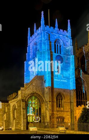 Animazione "100 Solutions to reverse climate change" di ben Sheppee proiettata sulla chiesa di St Margaret o su Lynn Minster, King's Lynn. Foto Stock