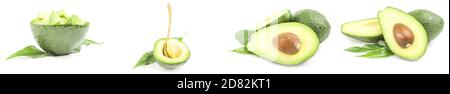 Set di avocado fresco isolato su uno sfondo bianco con tracciato di ritaglio Foto Stock