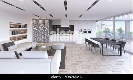 Soggiorno moderno, design interno con cucina 3D Render illustrazione 3D Foto Stock