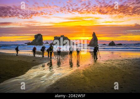 Gruppo di fotografi che scattano foto delle formazioni rocciose e del tramonto a Bandon Beach, Oregon-USA Foto Stock