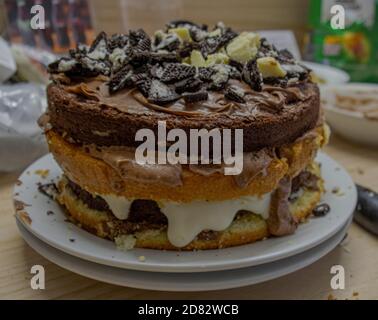 Torta al cioccolato fatta in casa con biscotti e crema Foto Stock