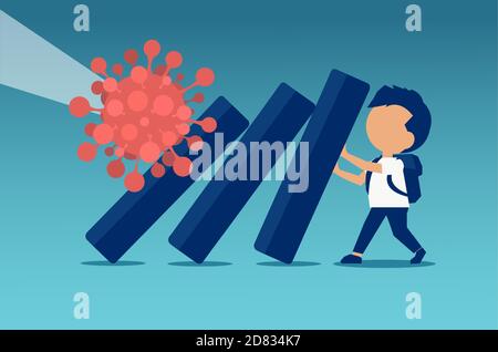 Vettore di un ragazzo di scuola che cerca di fermare l'effetto domino provocata da pandemia di coronavirus Illustrazione Vettoriale