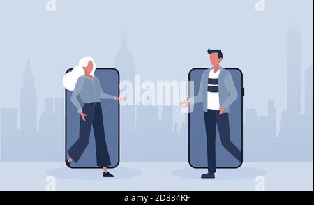 Vettore di una giovane donna e di un uomo che esce dei loro smartphone per incontrarsi nella vita reale Illustrazione Vettoriale