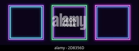 Cornice quadrata al neon. Set di bordi al neon a quadratura con contorno doppio. Forma geometrica con spazio di copia, elemento grafico futuristico per i social media stori Illustrazione Vettoriale