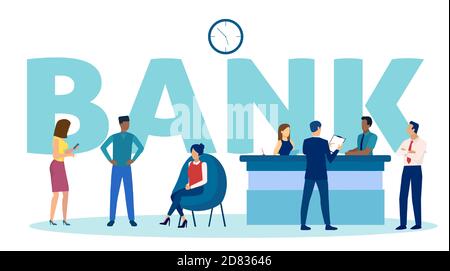 Vettore di clienti in attesa in coda presso una filiale bancaria essere assistito da un funzionario finanziario o da un impiegato Illustrazione Vettoriale