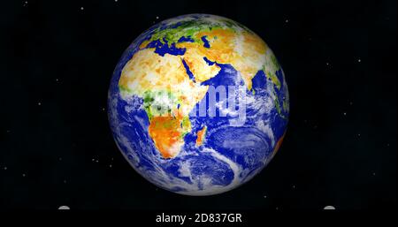 pianeta terra realistico con rendering 3d fotografico. Bellissimo pianeta verde con galassia o nebulosa colorata. Vista frontale della terra dallo spazio con le nuvole Foto Stock