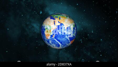 pianeta terra realistico con rendering 3d fotografico. Bellissimo pianeta verde con galassia o nebulosa colorata. Vista frontale della terra dallo spazio con le nuvole Foto Stock