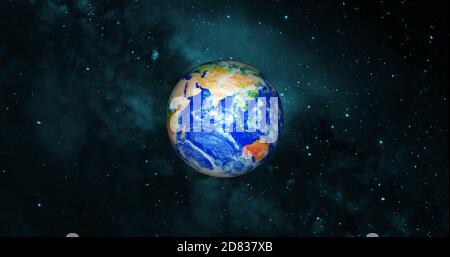 pianeta terra realistico con rendering 3d fotografico. Bellissimo pianeta verde con galassia o nebulosa colorata. Vista frontale della terra dallo spazio con le nuvole Foto Stock