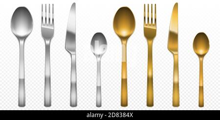 posate 3d di forchetta, coltello e cucchiaio color oro e argento. Argenteria e utensile d'oro, cucina lusso tavola metallo vista dall'alto isolato su sfondo trasparente, illustrazione vettoriale realistica Illustrazione Vettoriale