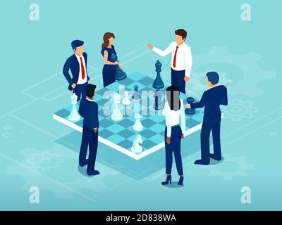 Vettore di uomini d'affari e donne che giocano gioco di scacchi brainstorming A. strategia per il successo Illustrazione Vettoriale