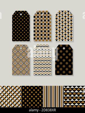Set di etichette regalo pronte all'uso per Natale e Capodanno con texture geometriche. Colori nero, bianco e ocra/oro. Illustrazione Vettoriale