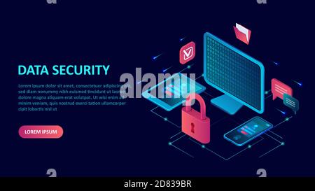 Concetto di sicurezza e protezione Internet dei dati. Vettore isometrico di un computer, dispositivi mobili con blocco a chiave Illustrazione Vettoriale