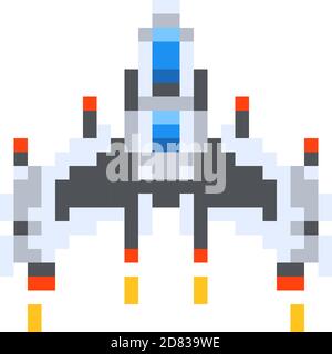 Astronave vintage, eroe di gioco in stile pixel art su bianco Illustrazione Vettoriale