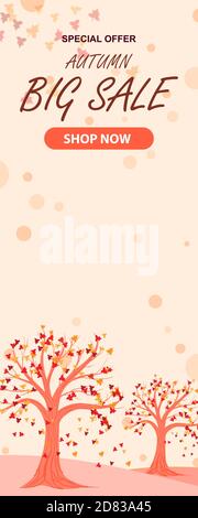 Banner di testo per la vendita autunnale per la promozione dello shopping di settembre o per lo sconto autunnale del negozio. Vettore acero e quercia foglie di acorno fogliame, funghi e bacche per discoteca Illustrazione Vettoriale