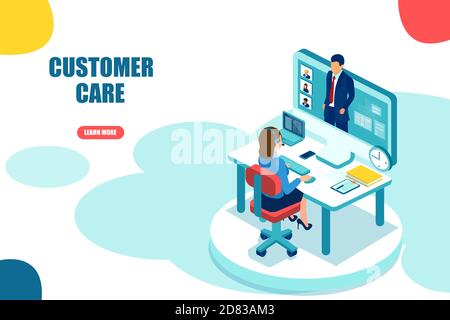 Concetto di assistenza per il call center. Vettore di un dipendente del servizio di assistenza che assiste un uomo d'affari online Illustrazione Vettoriale