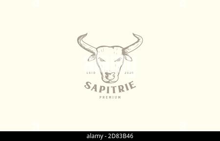 icona vettoriale con logo vintage inciso sulla testa della mucca o del bestiame Illustrazione Vettoriale