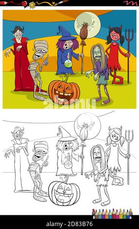 Illustrazione cartoon di gruppi di personaggi spooky sulla colorazione di Halloween tempo pagina del libro Illustrazione Vettoriale