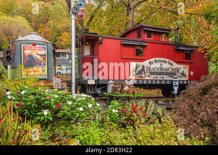 Alloggio in caboose rosse presso Black Bear Creek Antiques vicino al lago Burton e Clayton nella contea di Rabun, Georgia. (STATI UNITI) Foto Stock