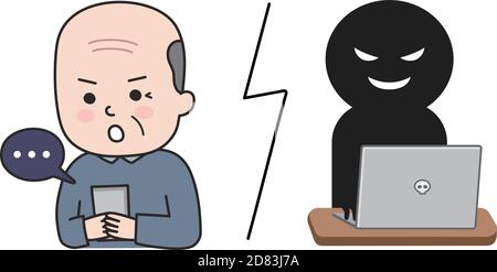 L'uomo anziano viene scammato da un sito web falso su tablet o smartphone. Illustrazione vettoriale isolata su sfondo bianco. Illustrazione Vettoriale